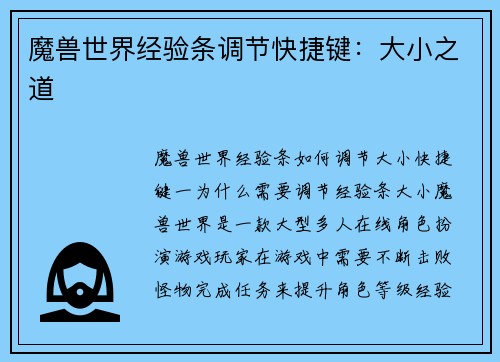 魔兽世界经验条调节快捷键：大小之道